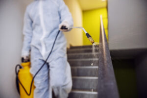 Sanitizing interior surfaces. Cleaning and Disinfection inside buildings, the coronavirus epidemic. Professional teams for disinfection efforts. Infection prevention and control of epidemic. Protective suit and mask.